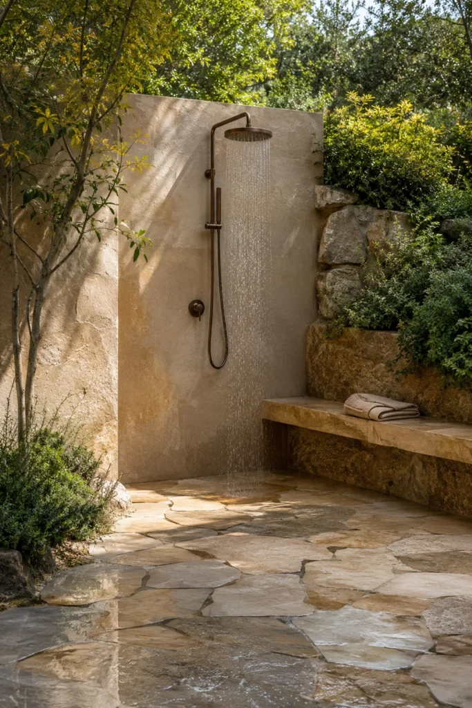 Outdoor Shower with Natural Stone Flooring