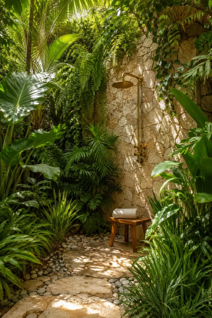 Outdoor Shower with Lush Greenery