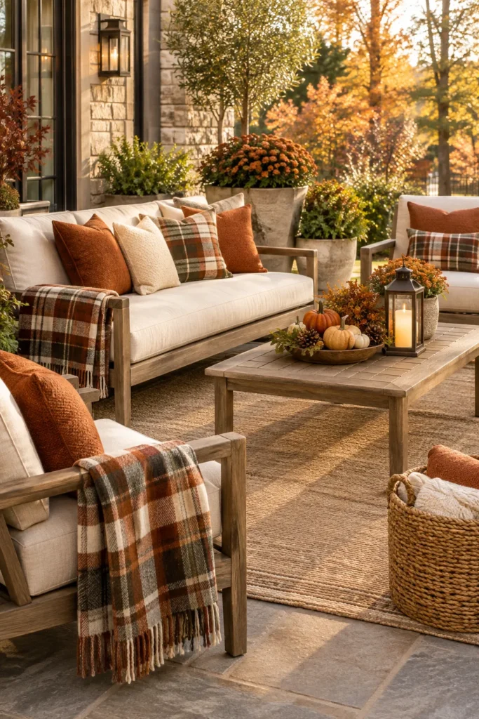 Add Plaid Blankets to Patio Furniture