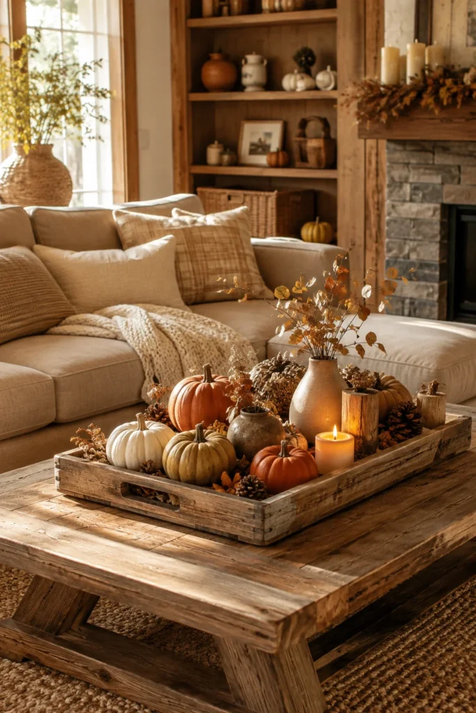 Rustic Wooden Tray With Fall Accents