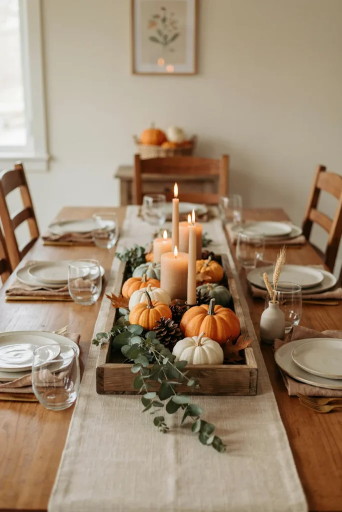 Rustic Wooden Tray with Pumpkins
