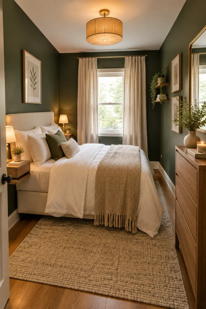 Small Dark Green Bedroom With Cozy Styling